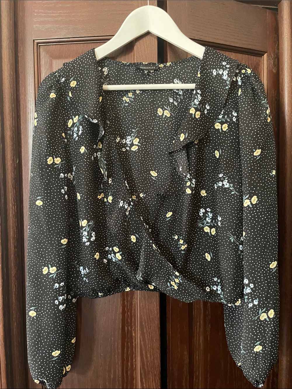 Dynamite Black Floral Wrap style Blouse with Yellow & Blue Accents